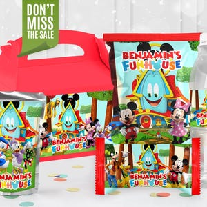 Kit bomboniere Mickey Funhouse, Topolino stampabile modificabile per compleanno, solo file digitale, 0029