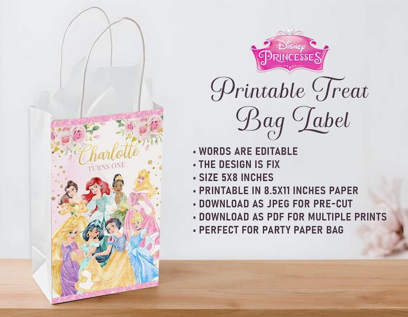 Princess's Label Princess Treat Bag Label, Princess Paper Bag Label, Princess Giveaway ...