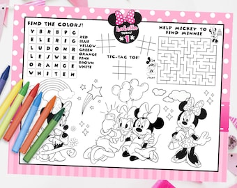 Napperon d'activité rose Minnie Mouse, napperon rose Minnie Mouse, feuille de coloriage rose Minnie Mouse, fichier numérique uniquement 0038