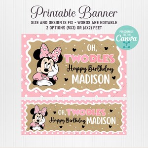 May include: A printable banner featuring Minnie Mouse in a pink dress and bow. The banner includes the text "Oh, Twodles Happy Birthday Madison" in a playful font. The design is set against a brown background with pink polka dots and a pink border.