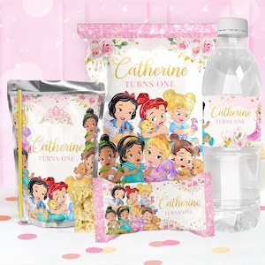 May include: A set of party favour bags and a water bottle with labels featuring a pink and gold floral design. The labels have the text "Catherine Turns One" and feature illustrations of Disney Princesses.