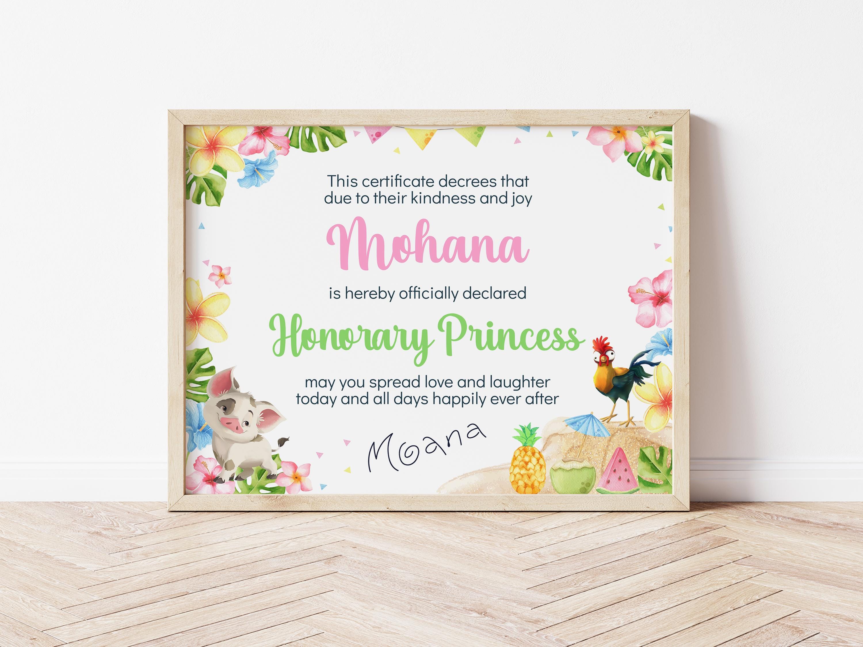 Moana Princess Certificate, Moana Certificate, DIGITAL FILE ONLY