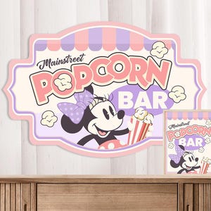 Minnie Popcorn Bar Schild, Main Street Popcorn, Minnie Geburtstag, Dinseyland Party Beschilderung, Dinseyland Partydekoration, 0015