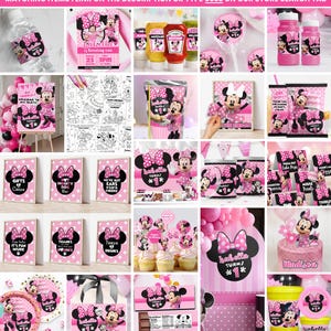 Op de afbeelding: Een verzameling roze Minnie Mouse-themafeestartikelen, waaronder uitnodigingen, decoraties en traktaties. Items zijn onder meer een verjaardagstaart, cupcakes en feestartikelen. De decoraties zijn voorzien van Minnie Mouse's kenmerkende strik en stippen.