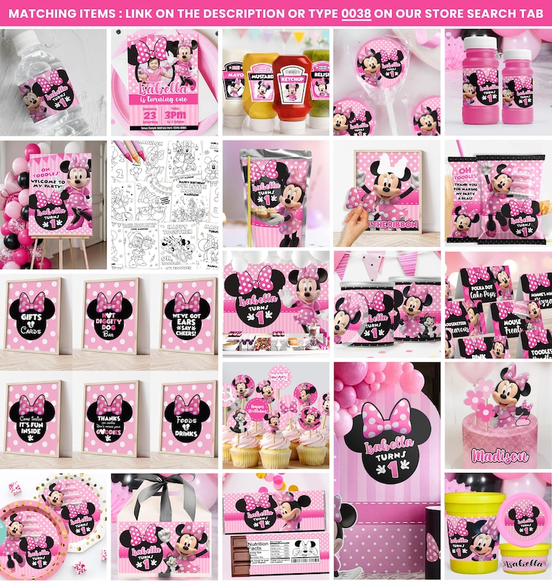 Op de afbeelding: Een verzameling roze Minnie Mouse-themafeestartikelen, waaronder uitnodigingen, decoraties en traktaties. Items zijn onder meer een verjaardagstaart, cupcakes en feestartikelen. De decoraties zijn voorzien van Minnie Mouse's kenmerkende strik en stippen.
