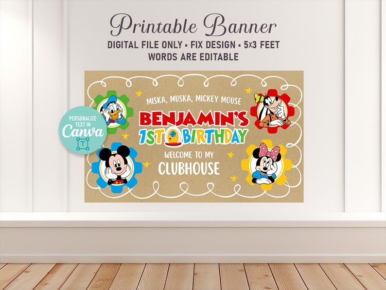 Puede incluir: Un cartel imprimible con un fondo marr&oacute;n, con Mickey Mouse, el Pato Donald y Minnie Mouse. El cartel dice "1er Cumplea&ntilde;os de Benjamin" y "Bienvenido a mi Club House". El cartel mide 152 x 91 cm y el texto es editable.