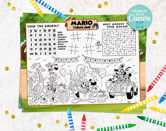 May include: A printable activity sheet featuring a word search, tic-tac-toe, a maze, and black and white line art of cartoon characters in a safari setting. The text reads MARIO TURNS ONE, FIND THE COLORS, HELP MICKEY TO FIND MINNIE, and HAPPY BIRTHDAY.