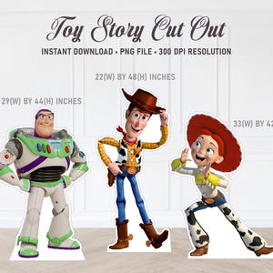 May include: Three Toy Story character cutouts: Buzz Lightyear, Woody, and Jessie. Buzz Lightyear is wearing a green and purple spacesuit. Woody is wearing a brown cowboy hat, a yellow shirt, and blue jeans. Jessie is wearing a red hat, a yellow shirt, and brown pants with white spots. The cutouts are printed on white paper and are ready to be cut out and used for a party or other event.