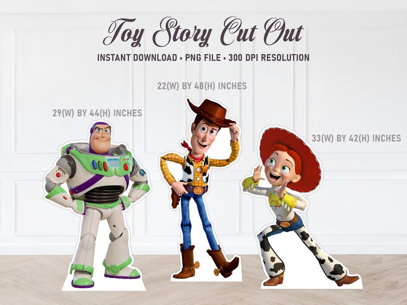 May include: Three Toy Story character cutouts: Buzz Lightyear, Woody, and Jessie. Buzz Lightyear is wearing a green and purple spacesuit. Woody is wearing a brown cowboy hat, a yellow shirt, and blue jeans. Jessie is wearing a red hat, a yellow shirt, and brown pants with white spots. The cutouts are printed on white paper and are ready to be cut out and used for a party or other event.