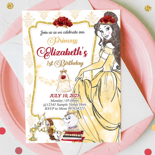 Beauty and the beast invitation, belle invitation, beauty and the beast e invites, belle e invites, belle invitation template 0014