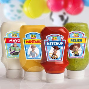May include: Four condiment bottles labeled Mayo, Mustard, Ketchup, and Relish, each with a Toy Story character. The bottles are white, yellow, red, and green, respectively. The labels feature Buzz Lightyear, Bo Peep, Woody, and Jessie.