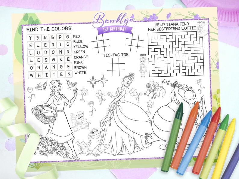 Princess Tiana Activity Placemat, Princess Tiana Placemat, Princess ...