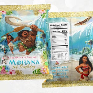May include: A colourful chip bag featuring characters from the animated film Moana. The bag has a gold glitter border and features the text "The Ocean is Calling! Moana 3rd Birthday".