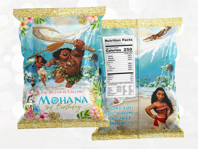 May include: A colourful chip bag featuring characters from the animated film Moana. The bag has a gold glitter border and features the text "The Ocean is Calling! Moana 3rd Birthday".