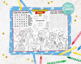 May include: A printable activity sheet featuring black and white line art of various animated characters, a word search puzzle, tic-tac-toe grids, and a maze. The title reads Benjamin Story 2, with text prompts for finding colors and characters.