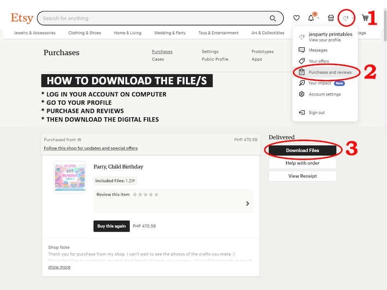 May include: Screenshot of an Etsy purchase confirmation page showing a digital download of a party, child birthday printable. The download button is highlighted in red. The page also shows the price of the item, PHP 470.59.