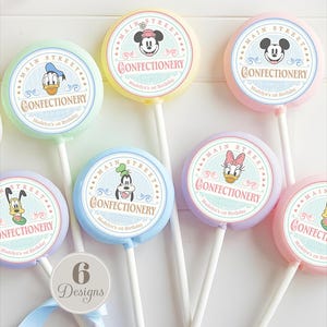 Mickey & Minnie Candy Label, Main Street Confectionery, Mickey Lollipop, Dinseyland Lollipop, DIGITAL FILE 0015