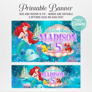 Puede incluir: Una pancarta imprimible con el tema de La Sirenita. El dise&ntilde;o incluye a Ariel, Flounder, Sebasti&aacute;n y un castillo. La pancarta tiene el texto "Our Little Mermaid Madison 5". Disponible en 1,52m x 0,91m o 1,83m x 0,61m.