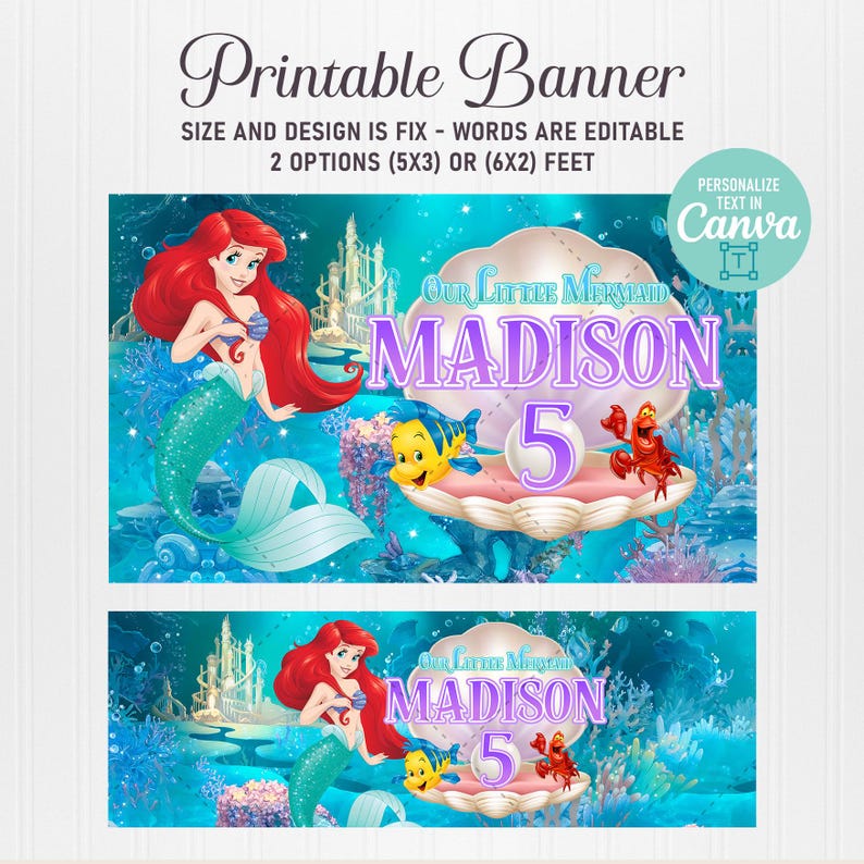 Puede incluir: Una pancarta imprimible con el tema de La Sirenita. El dise&ntilde;o incluye a Ariel, Flounder, Sebasti&aacute;n y un castillo. La pancarta tiene el texto "Our Little Mermaid Madison 5". Disponible en 1,52m x 0,91m o 1,83m x 0,61m.