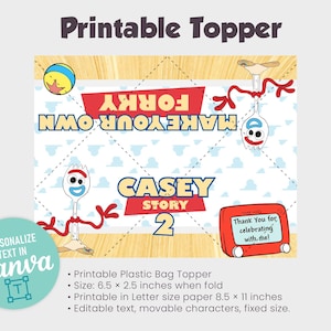 K&ouml;nnte beinhalten: Ein druckbarer Tortenaufsatz mit dem Text "MAKE YOUR OWN FORKY CASEY STORY 2". Das Design umfasst Zeichentrickfiguren und den Text "Thank You for celebrating with me!". Der Aufsatz kann in Canva personalisiert werden.