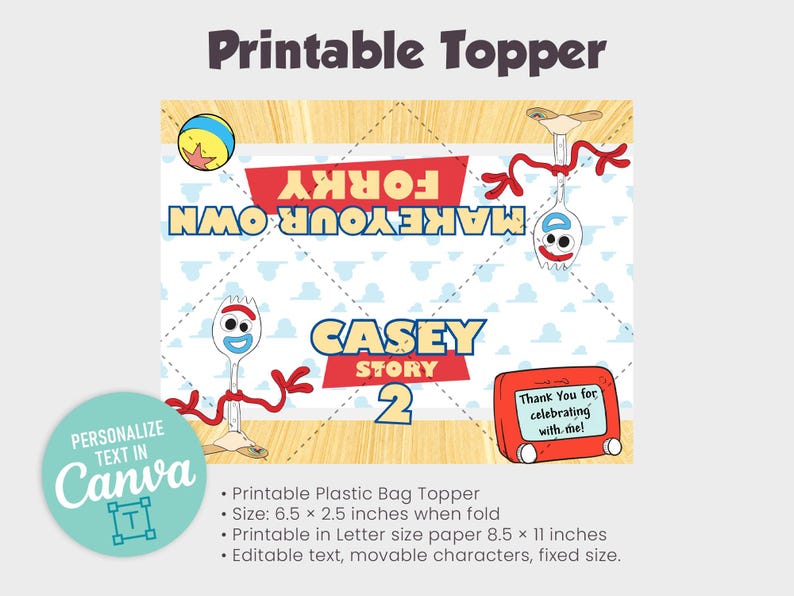 K&ouml;nnte beinhalten: Ein druckbarer Tortenaufsatz mit dem Text "MAKE YOUR OWN FORKY CASEY STORY 2". Das Design umfasst Zeichentrickfiguren und den Text "Thank You for celebrating with me!". Der Aufsatz kann in Canva personalisiert werden.