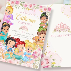 May include: A pink and gold birthday invitation with a floral design featuring a crown and the text "Our Princess Catherine Turns One". The invitation features a group of Disney princesses in their baby forms.