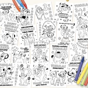 May include: A collection of black and white coloring pages featuring Lion King characters, birthday themes, and the name Thomas with the number 3. The pages include various illustrations of lions, meerkats, and warthogs, accompanied by colorful crayons.