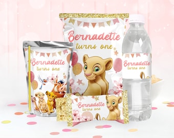 Lion Nala Party Favors, Bottle, Chip Bag, Juice Pouch and Rice Treats Label, 0018