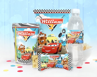 May include: A set of party favors featuring Cars characters. The favors include a juice box, a snack bag, a water bottle, and a small treat bag. All of the items are decorated with a Cars theme and the name "William 2".