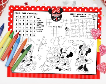 Minnie Mouse rode activiteit placemat, Minnie Mouse rode placemat, Minnie Mouse rode kleurplaat, alleen digitaal bestand 0039