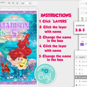 May include: A digital design template for a treat bag label featuring a mermaid with red hair and a seashell. The label is decorated with purple glitter and the text "Our Little Mermaid Madison 5". Instructions for customizing the design are included.
