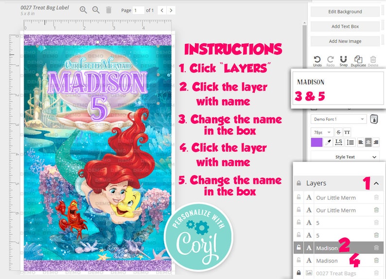 May include: A digital design template for a treat bag label featuring a mermaid with red hair and a seashell. The label is decorated with purple glitter and the text "Our Little Mermaid Madison 5". Instructions for customizing the design are included.