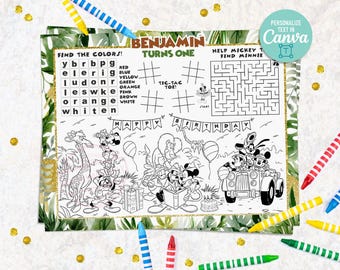 May include: A printable activity sheet featuring a jungle-themed birthday design with Disney characters, a word search, tic-tac-toe, and a maze. The page includes the text Benjamin Turns One and Happy Birthday, surrounded by a green leaf border.