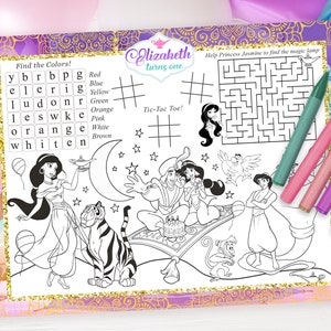 Princess Jasmine Activity Placemat, Princess Jasmine Placemat, Princess Jasmine Coloring Sheet, DIGITAL FILE ONLY 0021