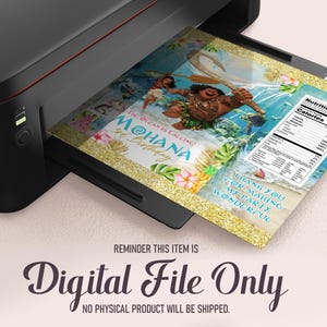 May include: A digital printable file for a Moana themed party. The design features a cartoon image of Moana and Maui, with the text "The Ocean is Calling! Moana Birthday". The design also includes a nutrition facts label and a thank you message.