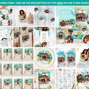 K&ouml;nnte beinhalten: Eine Auswahl an Partyzubeh&ouml;r im Moana-Design, darunter Einladungen, Geschenkt&uuml;ten und Tortendekorationen. Die Artikel zeigen Charaktere aus dem Animationsfilm und sind in einem hellen Farbschema mit blauen, gr&uuml;nen und rosa Akzenten gehalten.