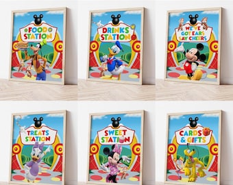 May include: Six rectangular party signs featuring Disney characters in a colorful park setting. Each sign displays a specific station name: Food, Drinks, We've Got Ears Say Cheers, Treats, Sweet, and Cards & Gifts, with Mickey Mouse icon accents.