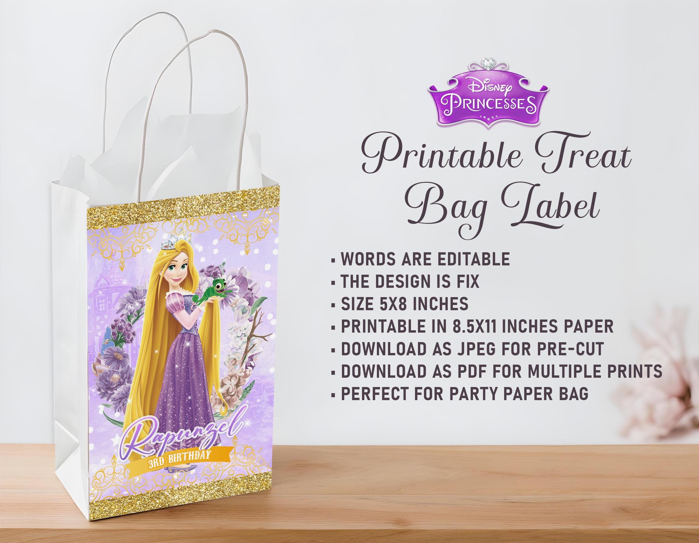 Tangled Rapunzel Treat Bag Label, Tangled Rapunzel Paper Bag Label