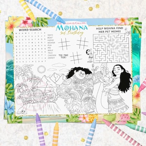 May include: A Moana-themed activity sheet featuring a word search, tic-tac-toe, a maze, and colouring illustrations of Moana, Maui, and Pua. The text reads The Ocean Is Calling! Moana 3rd Birthday, Help Moana Find Her Pet Heihei, and Tic-Tac-Toe.