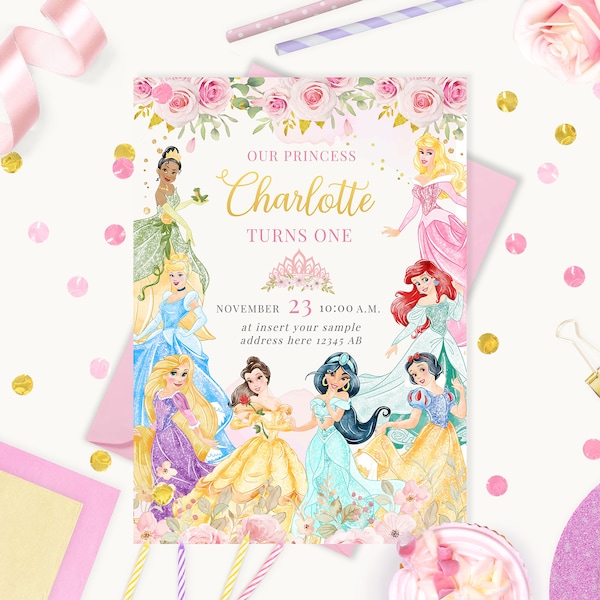 Princess First Birthday Invitation, Royal Rose Girl Celebration Invite, Princess E Invite, Instant Download DIGITAL FILE ONLY 0024