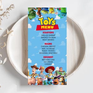 May include: A rectangular menu card featuring a light blue background with white clouds and various animated toy characters. The text reads TOYS MENU, STARTERS, MAINS, and DESSERT, followed by lists of food items including grilled shrimp and chicken breast.