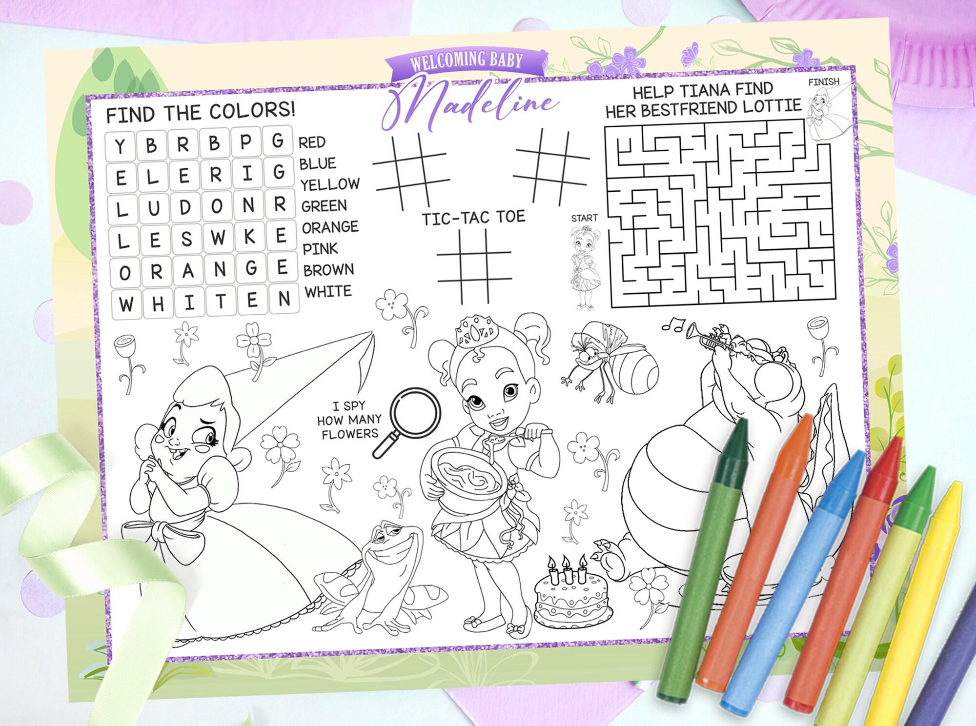 Baby Tiana Activity Placemat, Princess Tiana Placemat, Princess Tiana Coloring Sheet, DIGITAL FILE ONLY 0041