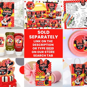 May include: A set of Minnie Mouse themed party supplies, including a welcome sign, plates, cups, napkins, favor bags, and a cake topper. The supplies are red and black with white polka dots and feature Minnie Mouse's signature red bow and ears. The text on the welcome sign reads "Welcome to Justine at Birthday".