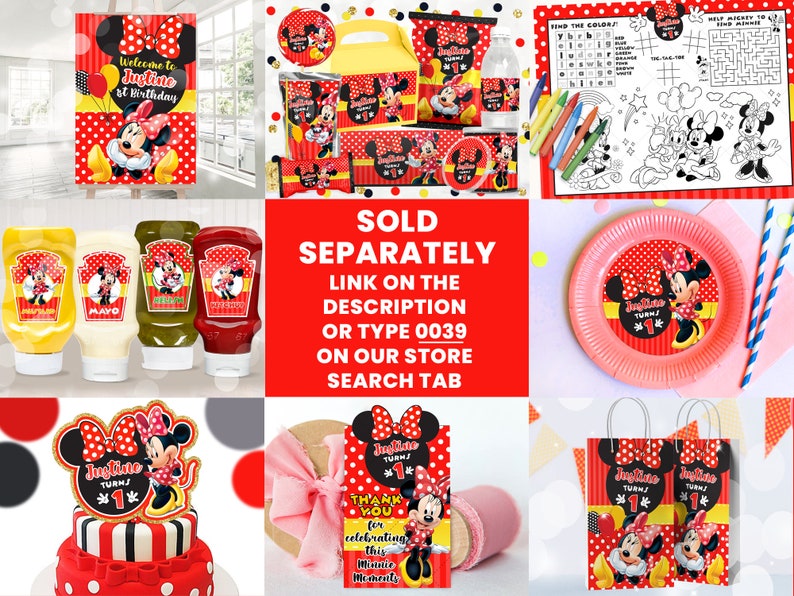 May include: A set of Minnie Mouse themed party supplies, including a welcome sign, plates, cups, napkins, favor bags, and a cake topper. The supplies are red and black with white polka dots and feature Minnie Mouse's signature red bow and ears. The text on the welcome sign reads "Welcome to Justine at Birthday".
