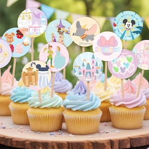 May include: A set of 12 cupcake toppers featuring various Disney characters and attractions. The toppers are printed on round, white paper with colourful illustrations. The toppers are perfect for a Disney-themed party.