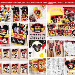 May include: A collection of party supplies featuring a Mickey Mouse theme. Includes invitations, treat boxes, water bottle labels, cake toppers, and coloring pages. The color scheme is red, yellow, black, and white, with the text "Austin Turns 1".