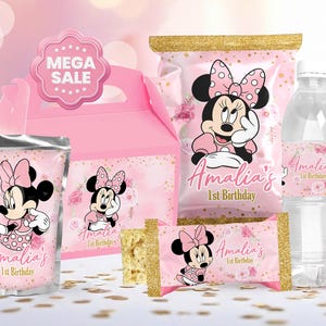 Minnie Pink and Gold Party Favors, Bottle Wrapper, Chip Bag, Juice Pouch, Rice Treats and Gable Box, (Digital File Only) 0022