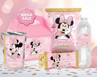 Minnie Pink and Gold Party Favors, Bottle Wrapper, Chip Bag, Juice Pouch, Rice Treats and Gable Box, (Digital File Only) 0022
