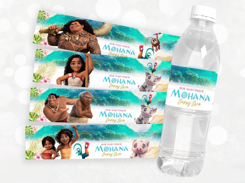 May include: Water bottle labels featuring characters from the animated movie Moana. The labels are blue and green with images of Moana, Maui, and Pua. The text on the labels reads "Our Waifinder Moana Turns Two".