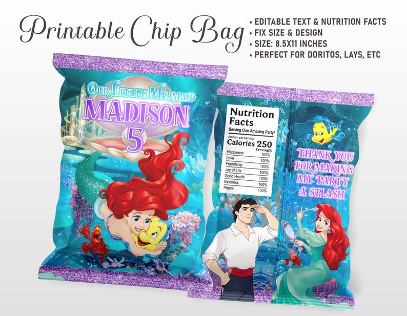 Mermaid Ariel Chip Bag Label, Mermaid Ariel Chip Bag, Mermaid Ariel Chip Template, Mermaid Ariel Chip Bag Template 0027 image 2